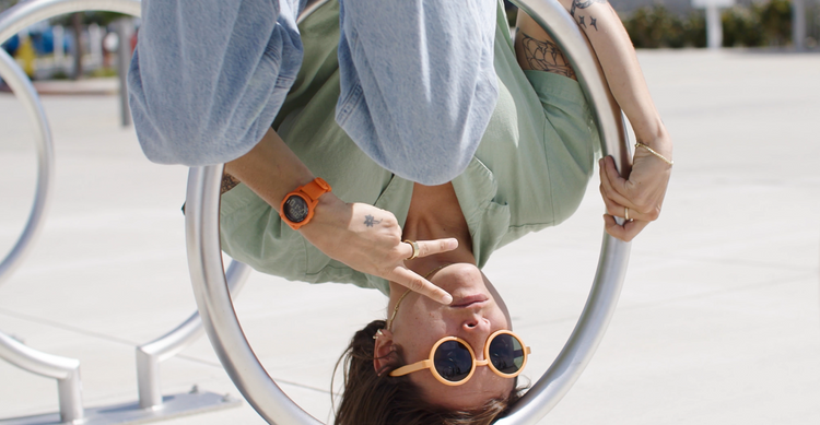 Nora Vasconcellos wearing the new digital watch from Nixon, the Disk