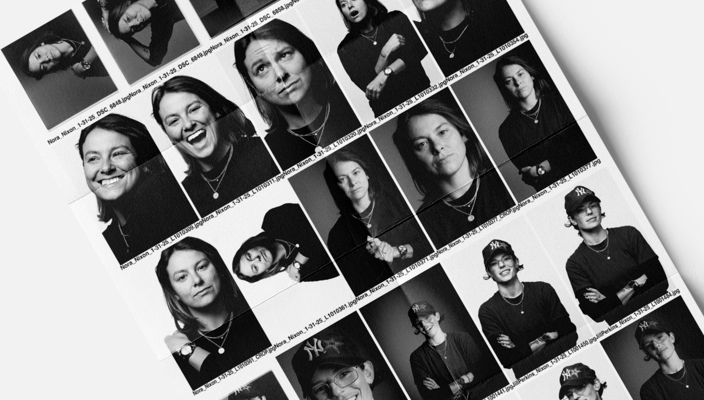 Collage of black and white headshots of people on a white background