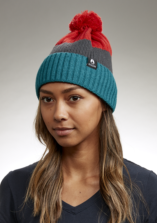 Schrader Pom Beanie - Dark Cedar / Red