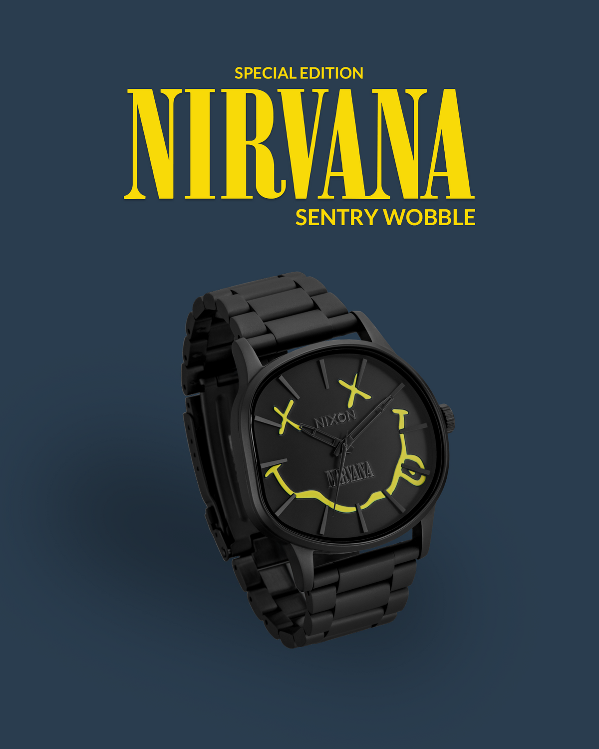 A black wristwatch with a black metal link bracelet and a black dial, featuring bright yellow graphic hour markers and hands, displayed against a dark blue background with 'NIRVANA' and 'SENTRY WOBBLE' text at the top.