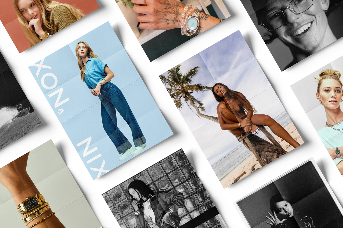 Collage of various photos featuring people in different settings with visible brand names.