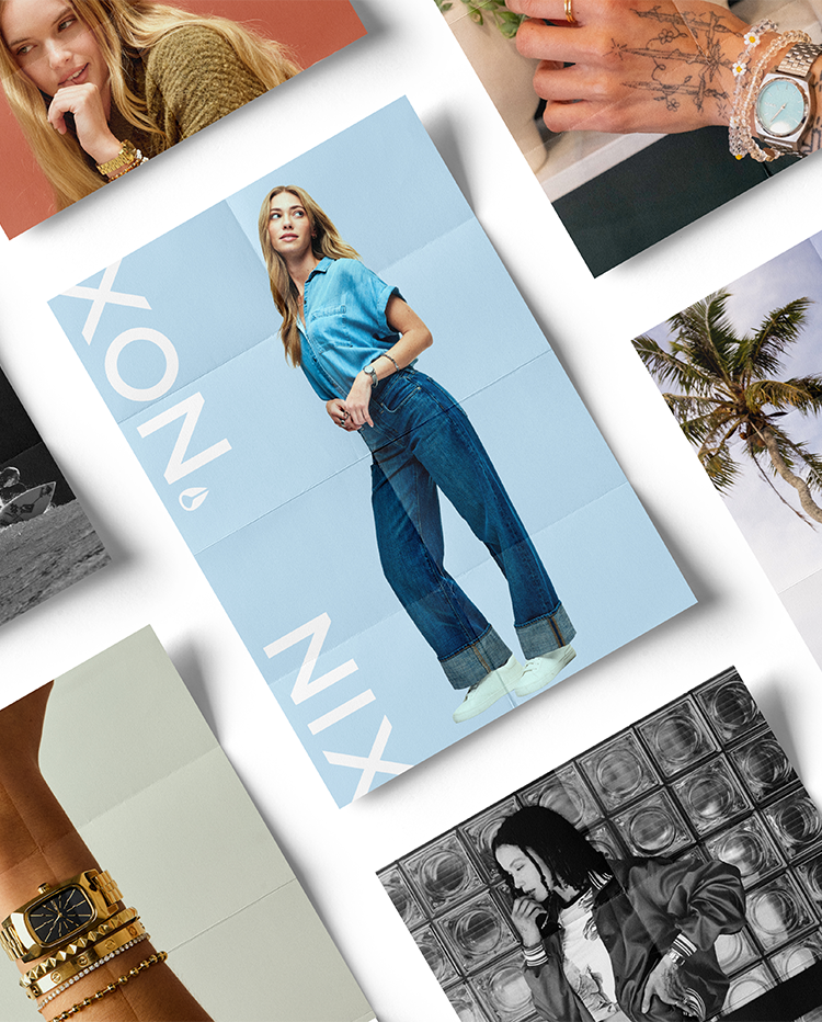 Collage of various images including a person in jeans, a watch, and a magazine cover with text.
