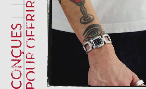 quick mp4 going through different images of people wearing nixon watches with Built to Gift in French written in red on the left.